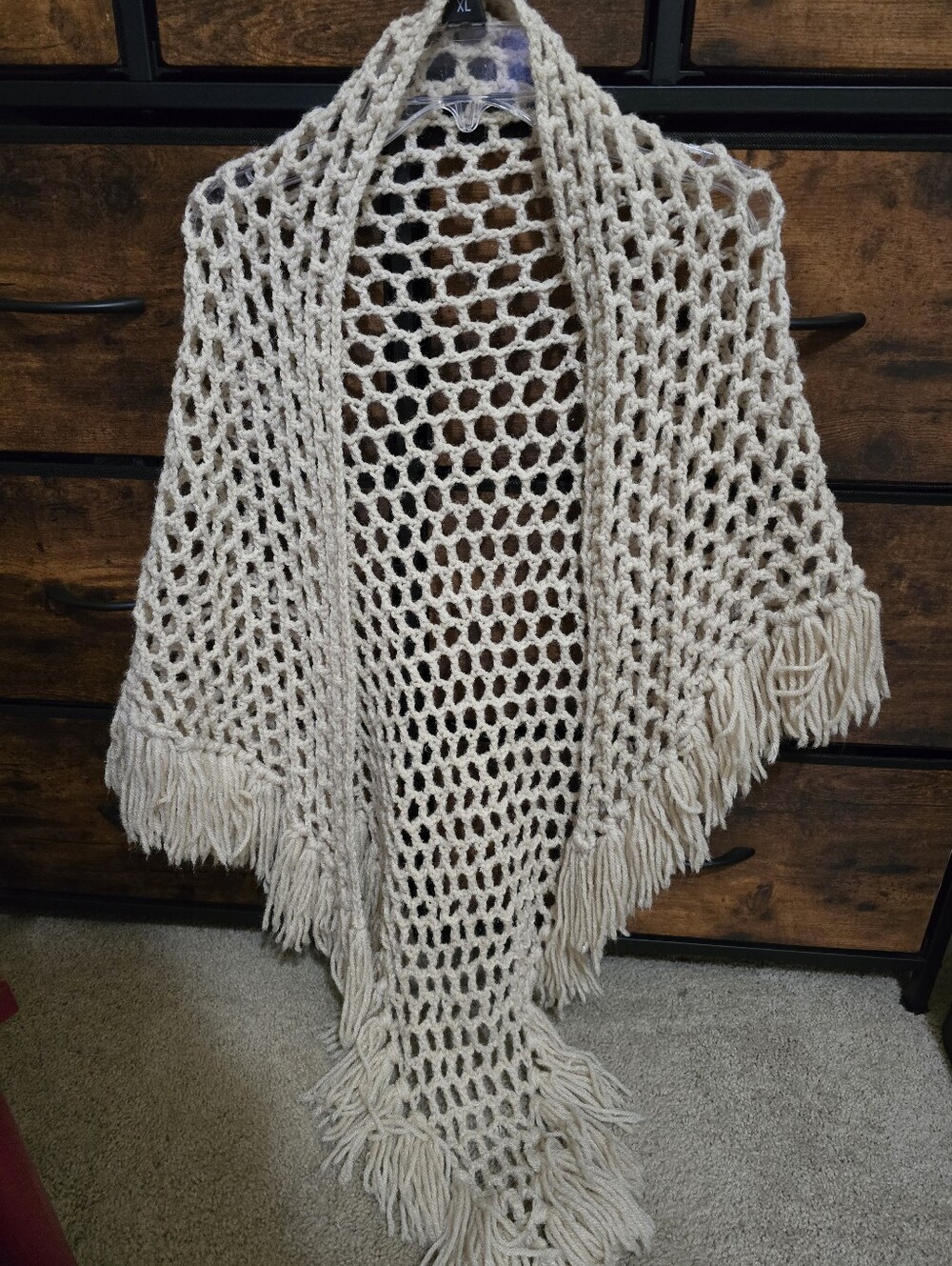 Handmade Open-Weave Fringe Shawl - Cream